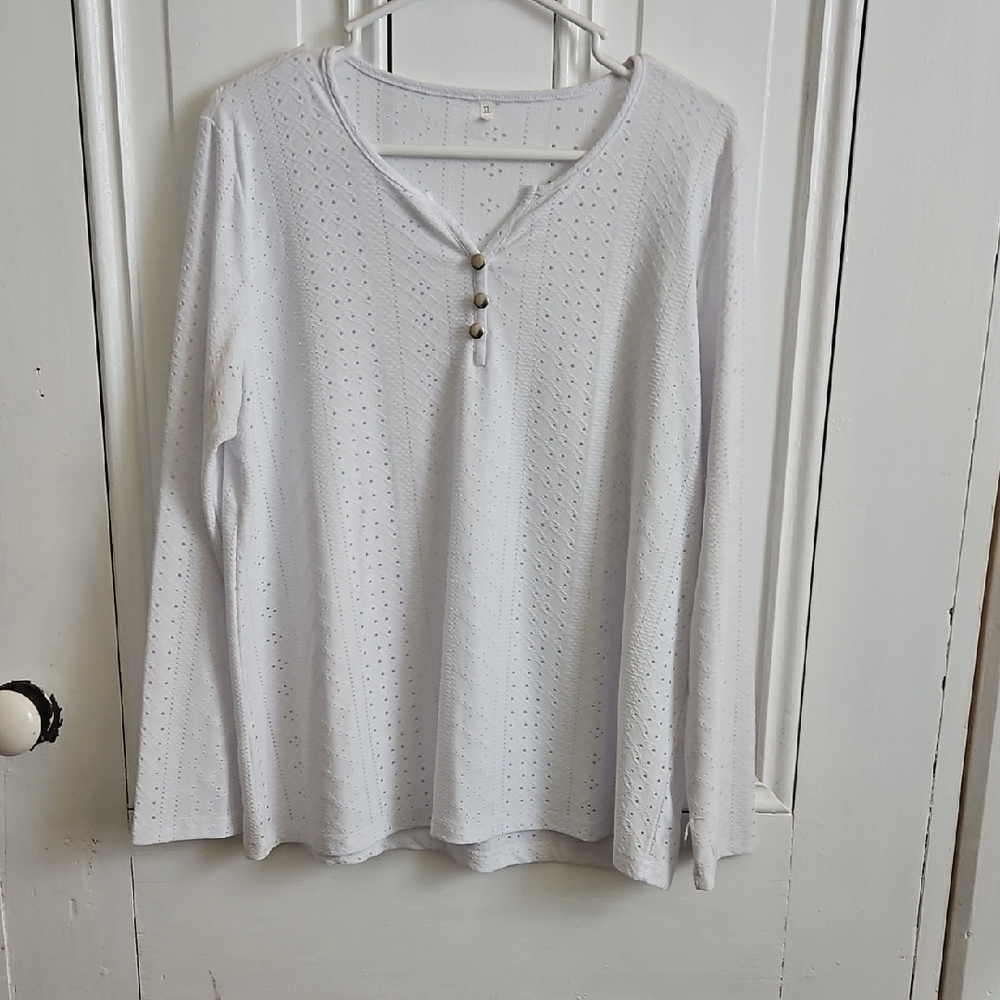 Womens White V Neck Long Sleeved Top With Perforated Holes